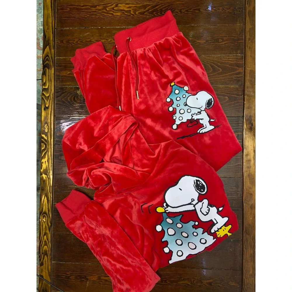 Justice Peanuts Snoopy Christmas Velour Hoodie Joggers Tracksuit Set Red Girl XL